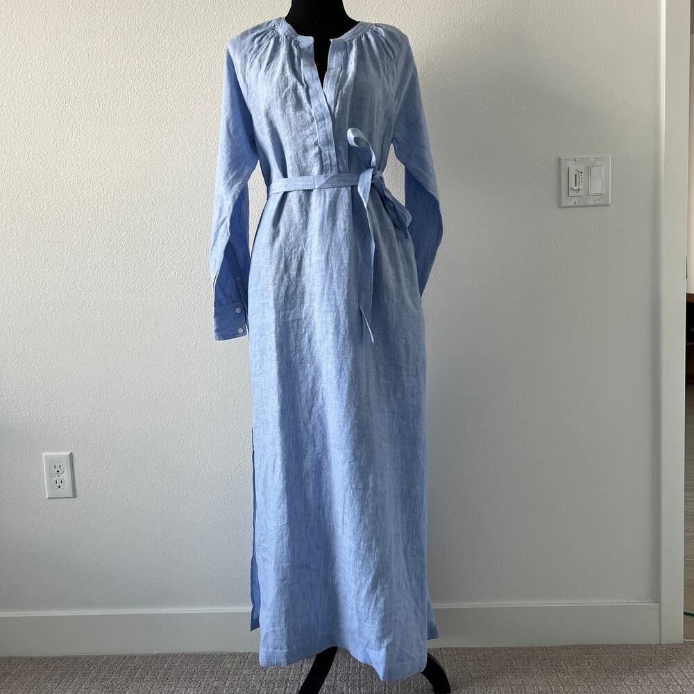 J Crew Cabana Linen Dress Size Small Blue Long Sleeve Pockets Flaw - Picture 2 of 15